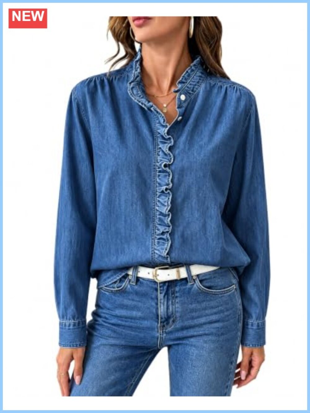 Ruffle Denim Blouse Long Sleeve Button Down Cotton Shirt